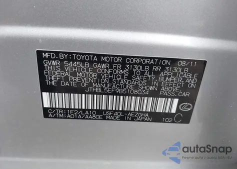 2011 Lexus Ls 460 из США, поврежденный, VIN JTHBL5EF9B5108034